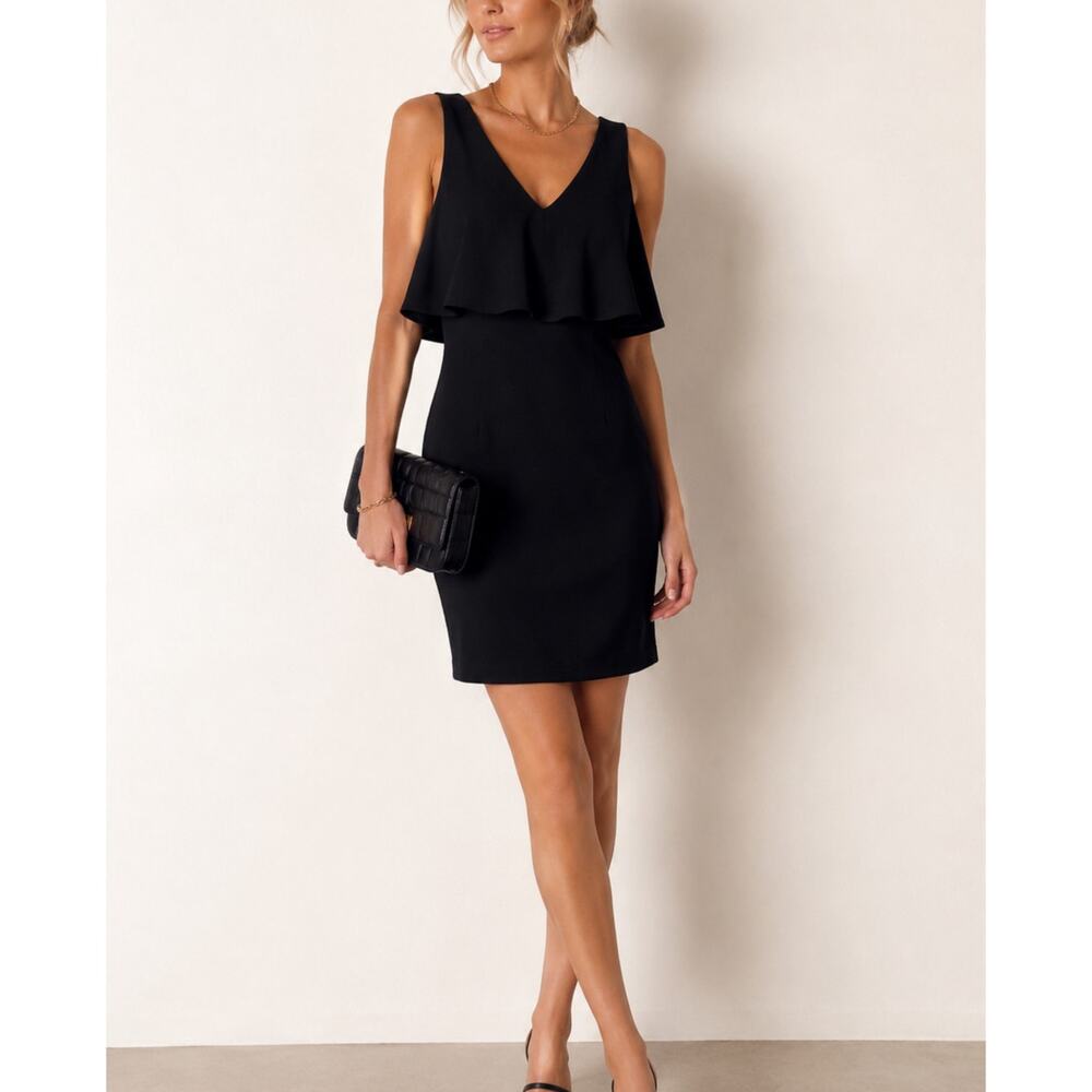Badgley Mischka Black Ruffled Mini Sheath Dress Womens 8 Formal Sleeveless